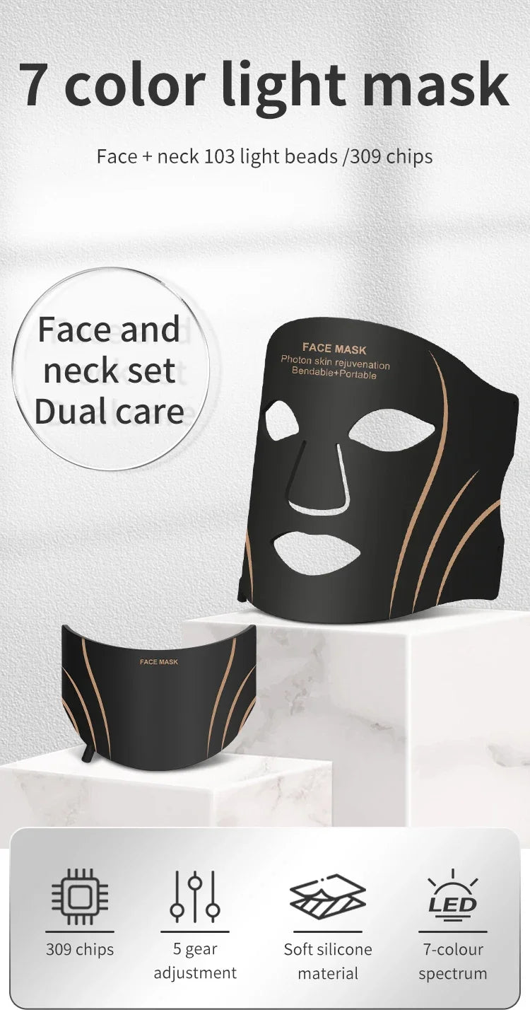 7-Color LED Light Therapy Face and Neck Rejuvenation Mask - 7