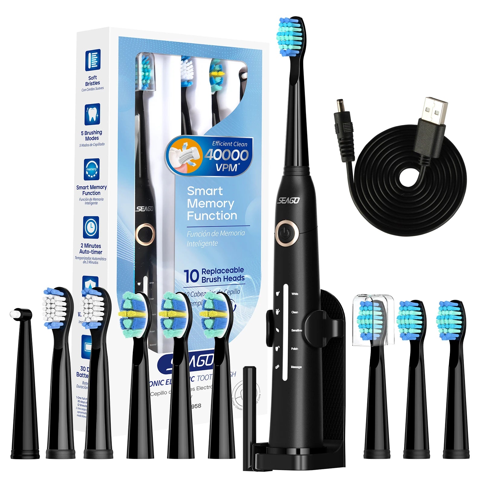 Rechargeable Ultrasonic Electric Toothbrush with 10 Replacement Heads - 1