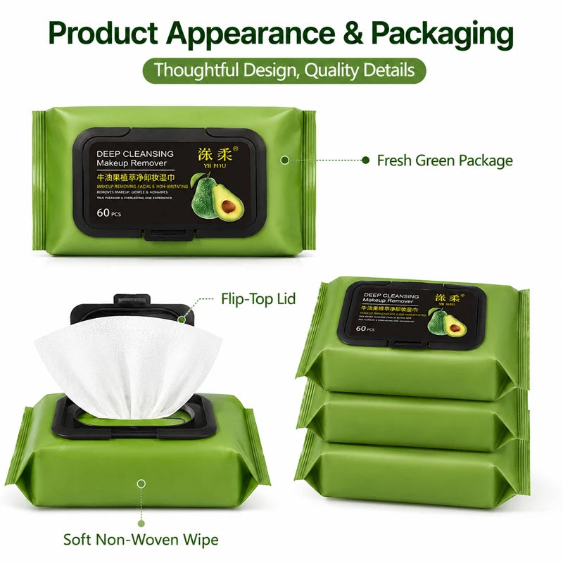 Avocado Deep Cleansing Makeup Remover Wipes - 60 Pack - 4