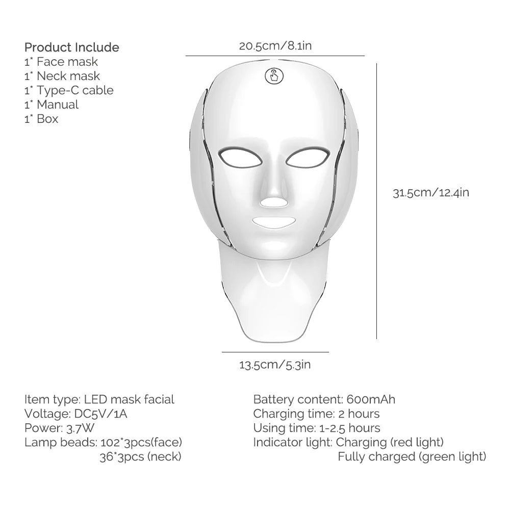 7-Color LED Light Therapy Facial and Neck Mask - 7