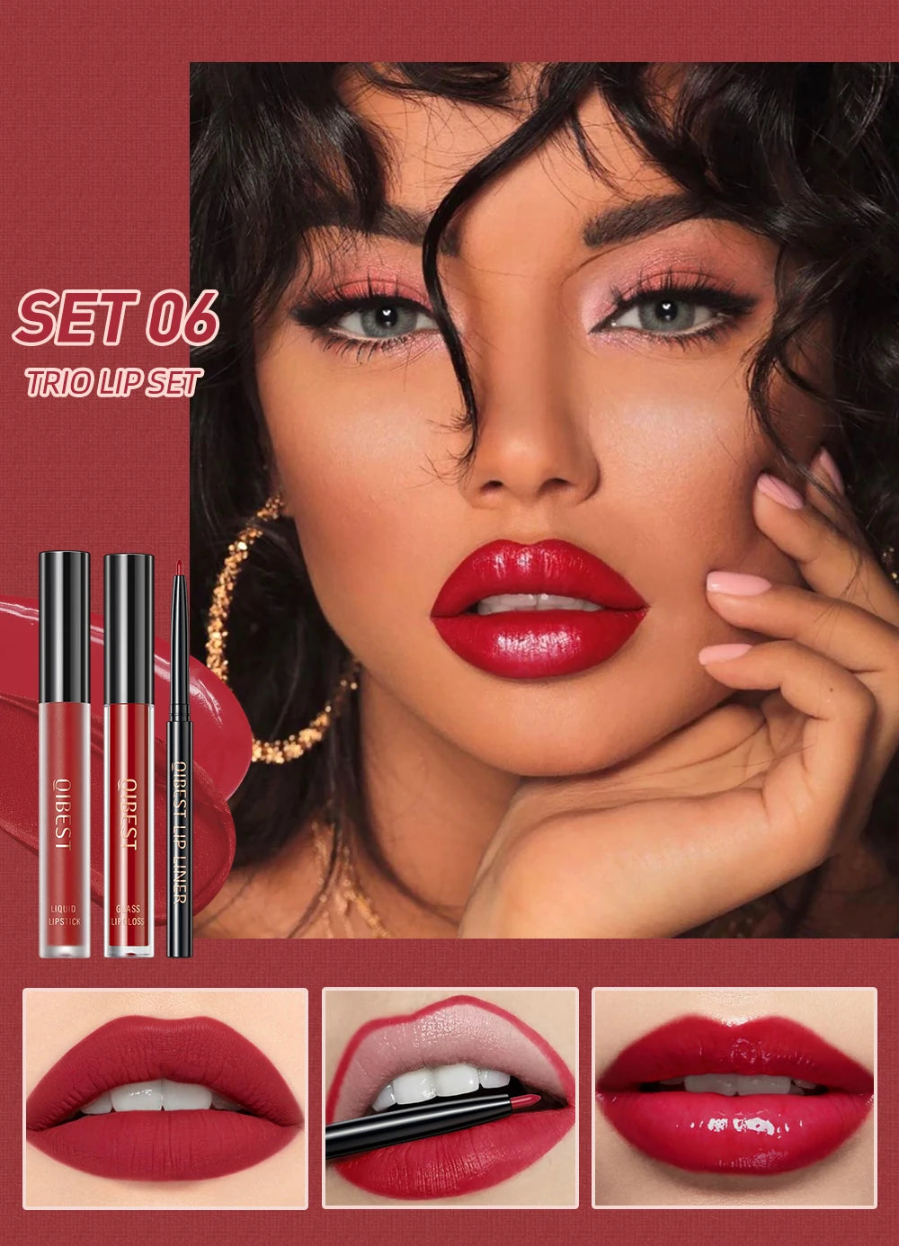 3-Piece Waterproof Matte Lipstick and Lip Liner Set - 14