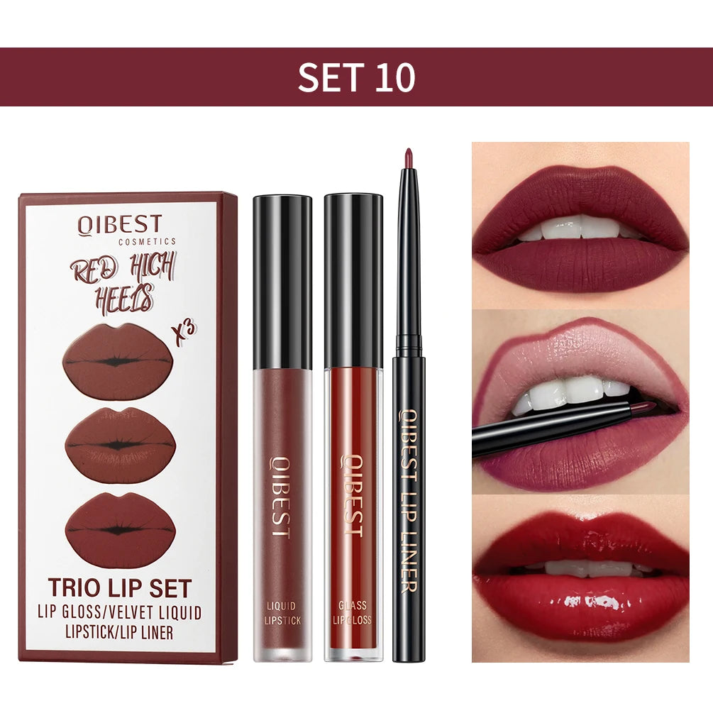 3-Piece Waterproof Matte Lipstick and Lip Liner Set - 30