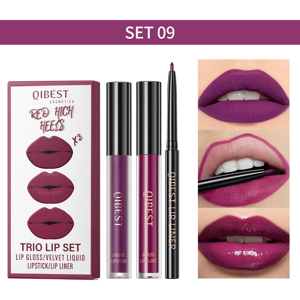 3-Piece Waterproof Matte Lipstick and Lip Liner Set - 26