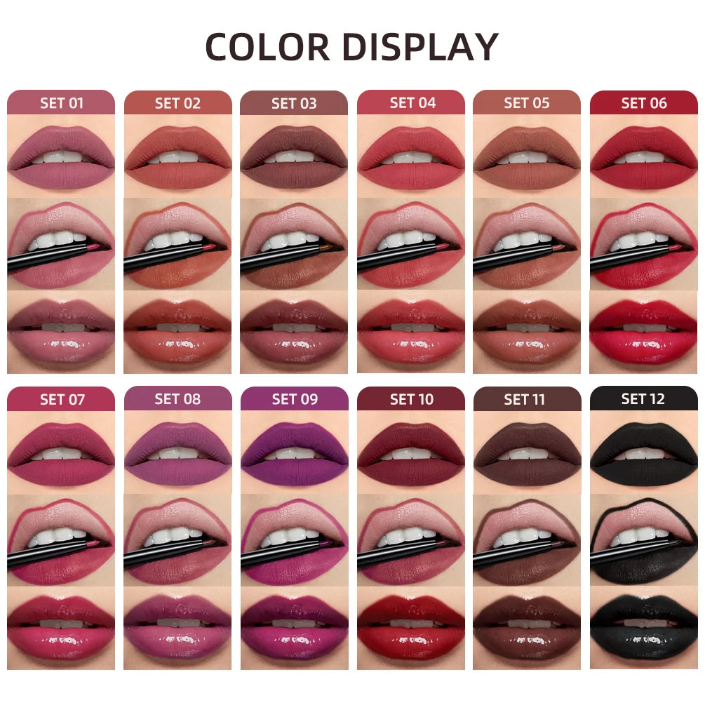 3-Piece Waterproof Matte Lipstick and Lip Liner Set - 3