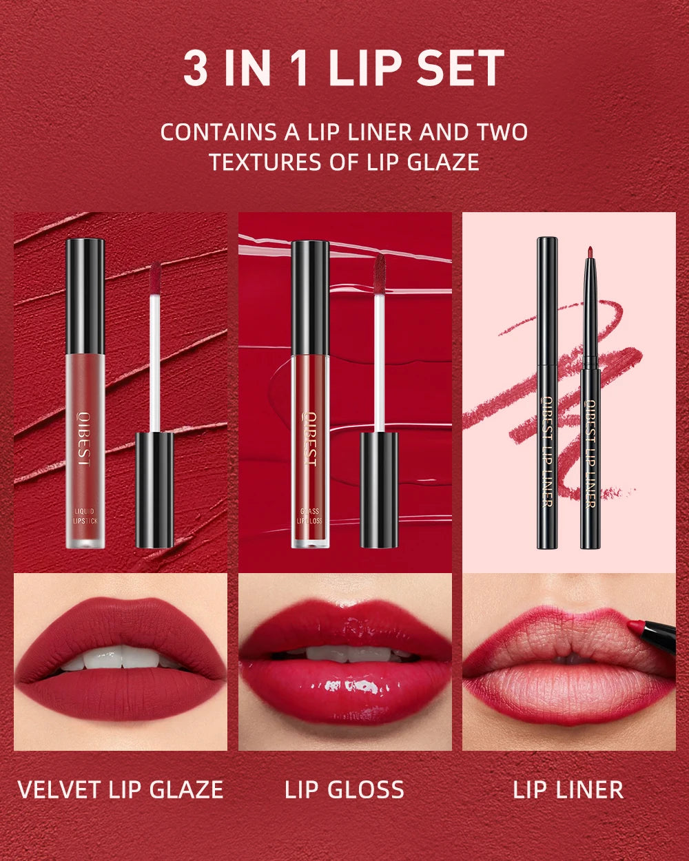3-Piece Waterproof Matte Lipstick and Lip Liner Set - 8