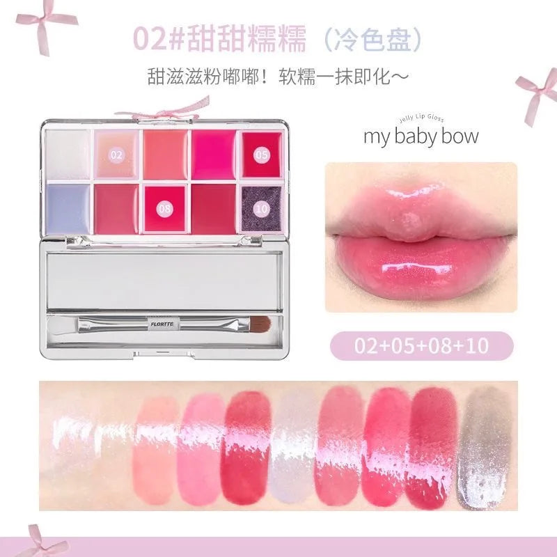 10-Color Jelly Lip Gloss Palette with Bow Design - 63