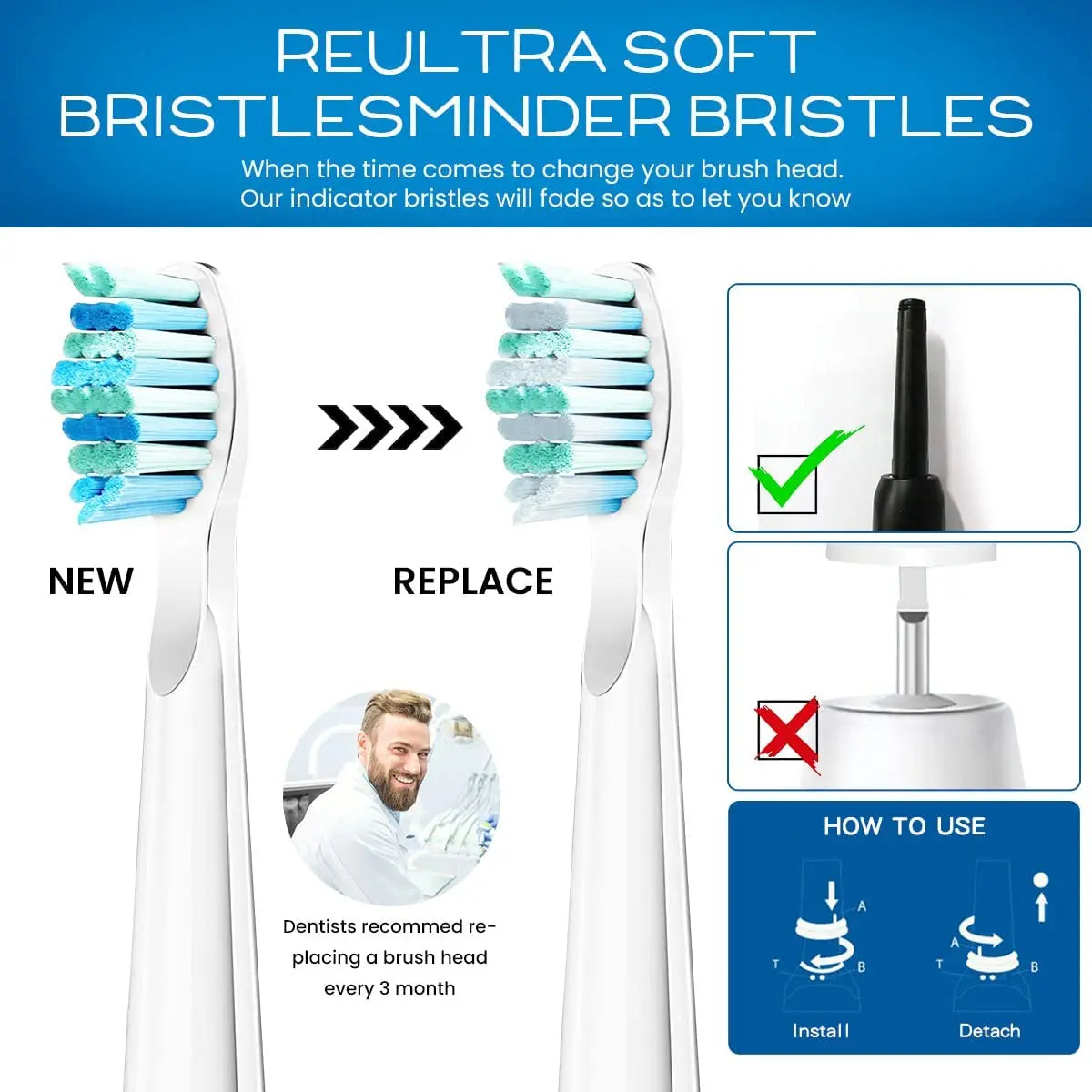 Replacement Sonic Toothbrush Heads for Fairywill & Seago - 5
