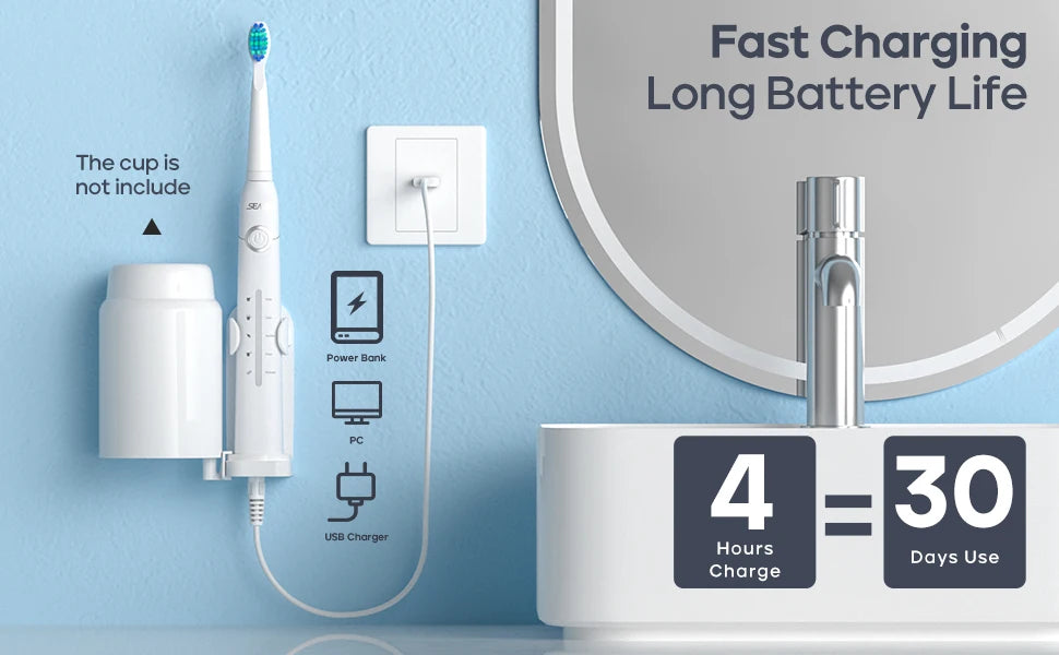 Rechargeable Ultrasonic Electric Toothbrush with 10 Replacement Heads - 7