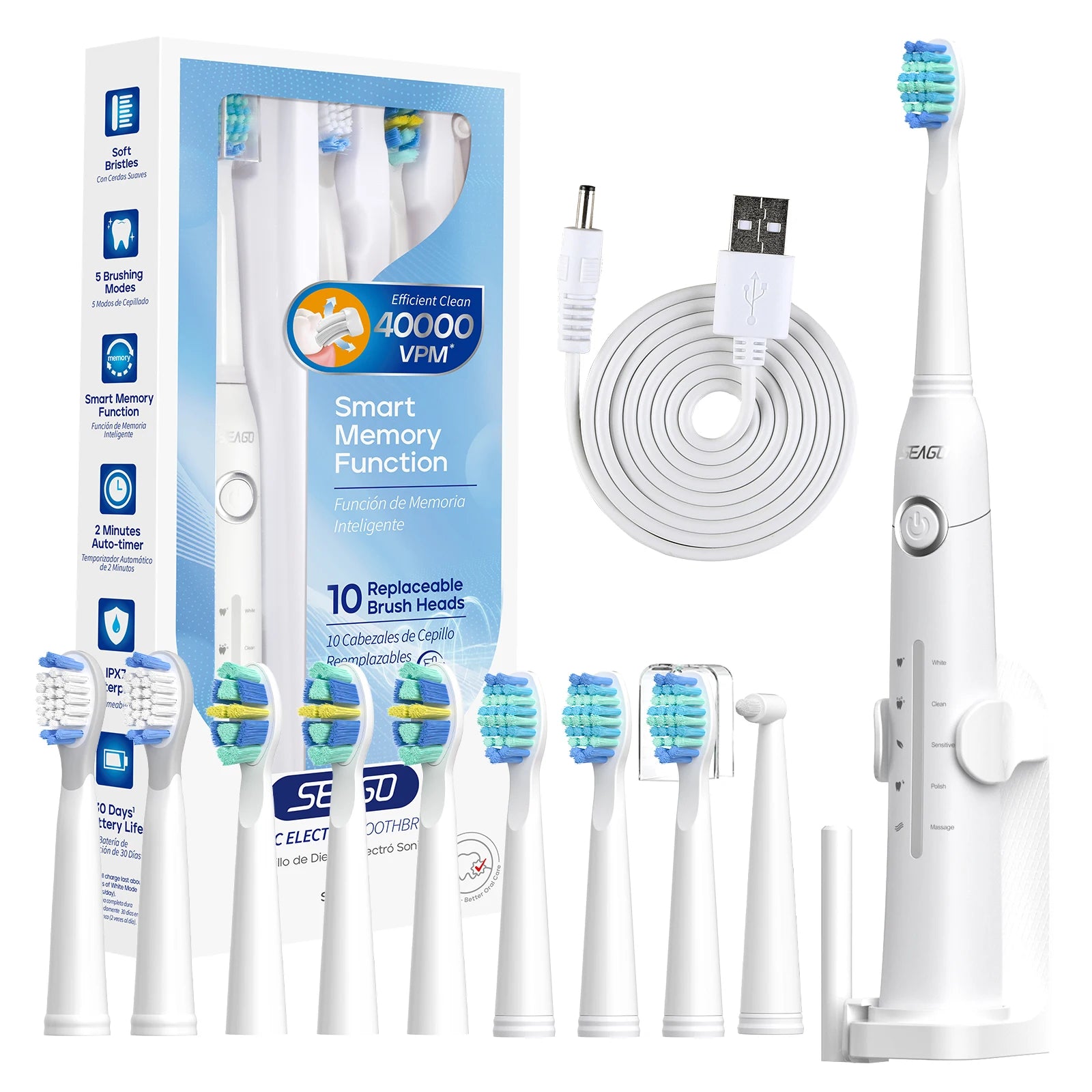 Rechargeable Ultrasonic Electric Toothbrush with 10 Replacement Heads - 15