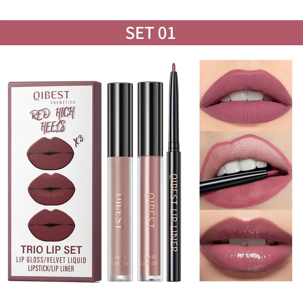 3-Piece Waterproof Matte Lipstick and Lip Liner Set - 24