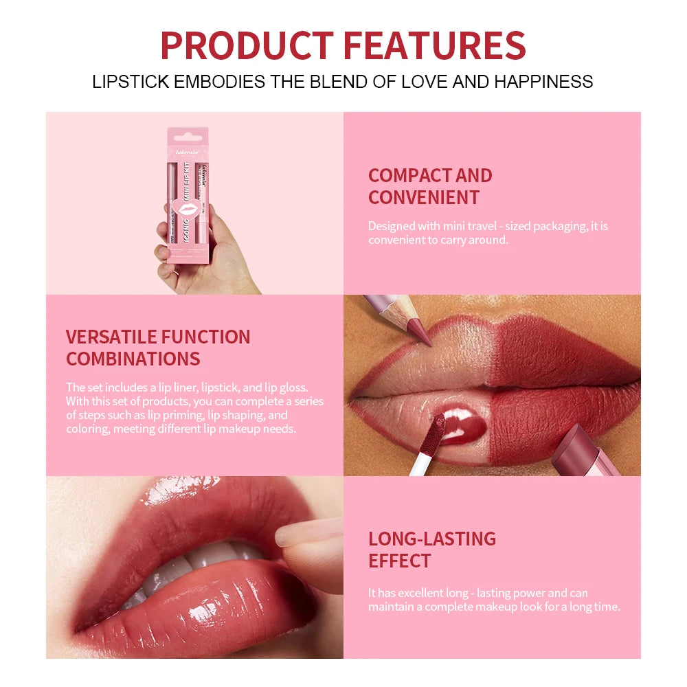 3-in-1 Waterproof Lip Liner, Lipstick & Gloss Travel Set - 3