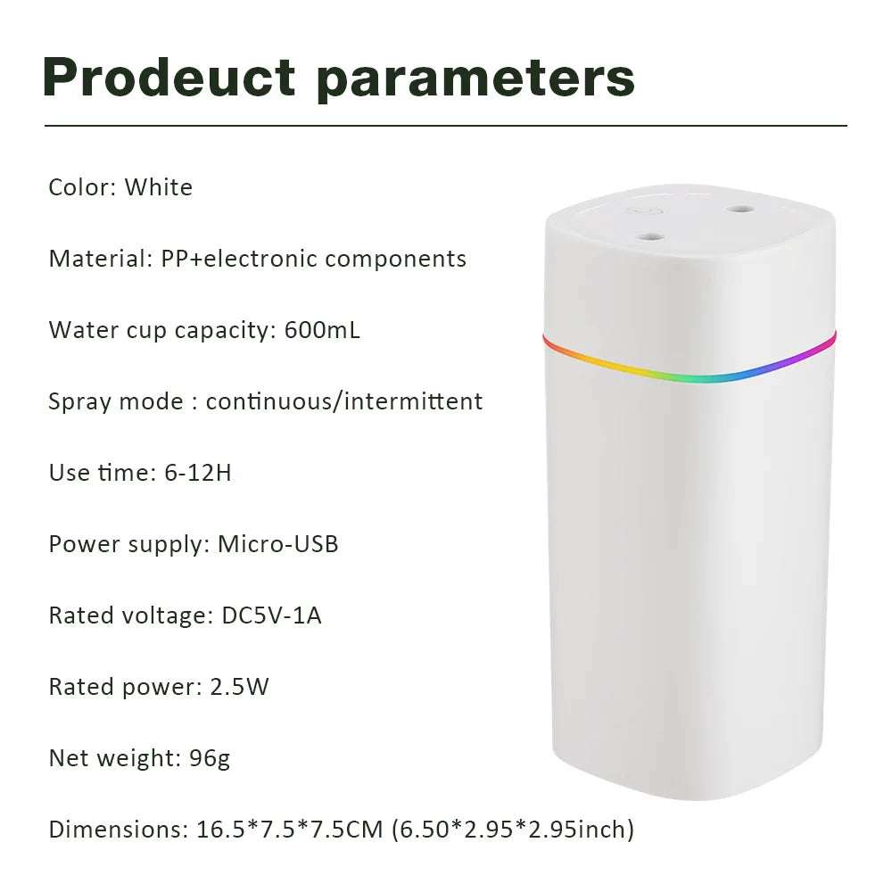 600ml Dual-Mist Portable Air Humidifier for Home and Car - 9