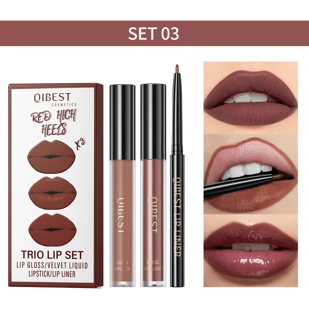 3-Piece Waterproof Matte Lipstick and Lip Liner Set - 35