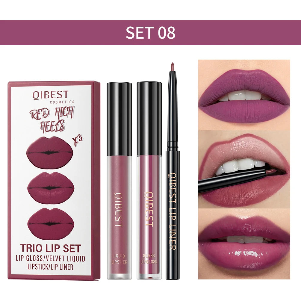 3-Piece Waterproof Matte Lipstick and Lip Liner Set - 25