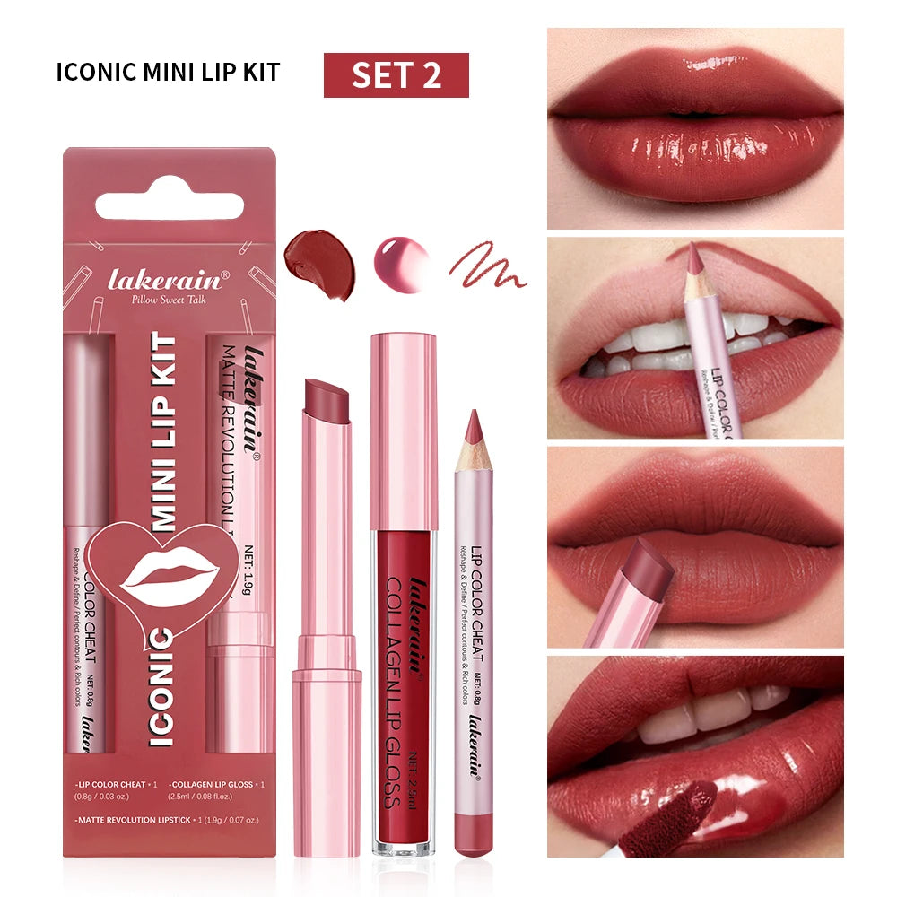 3-in-1 Waterproof Lip Liner, Lipstick & Gloss Travel Set - 1