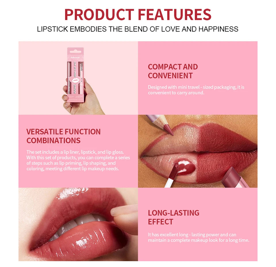 3-in-1 Waterproof Lip Liner, Lipstick & Gloss Travel Set - 10