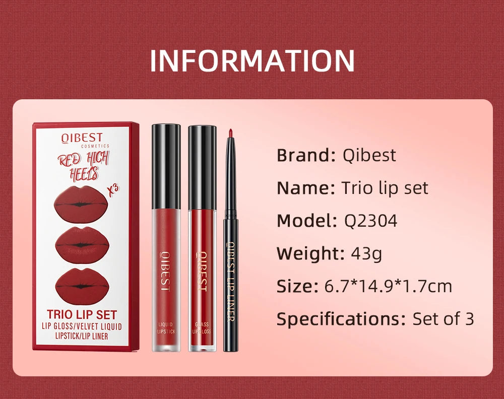 3-Piece Waterproof Matte Lipstick and Lip Liner Set - 20