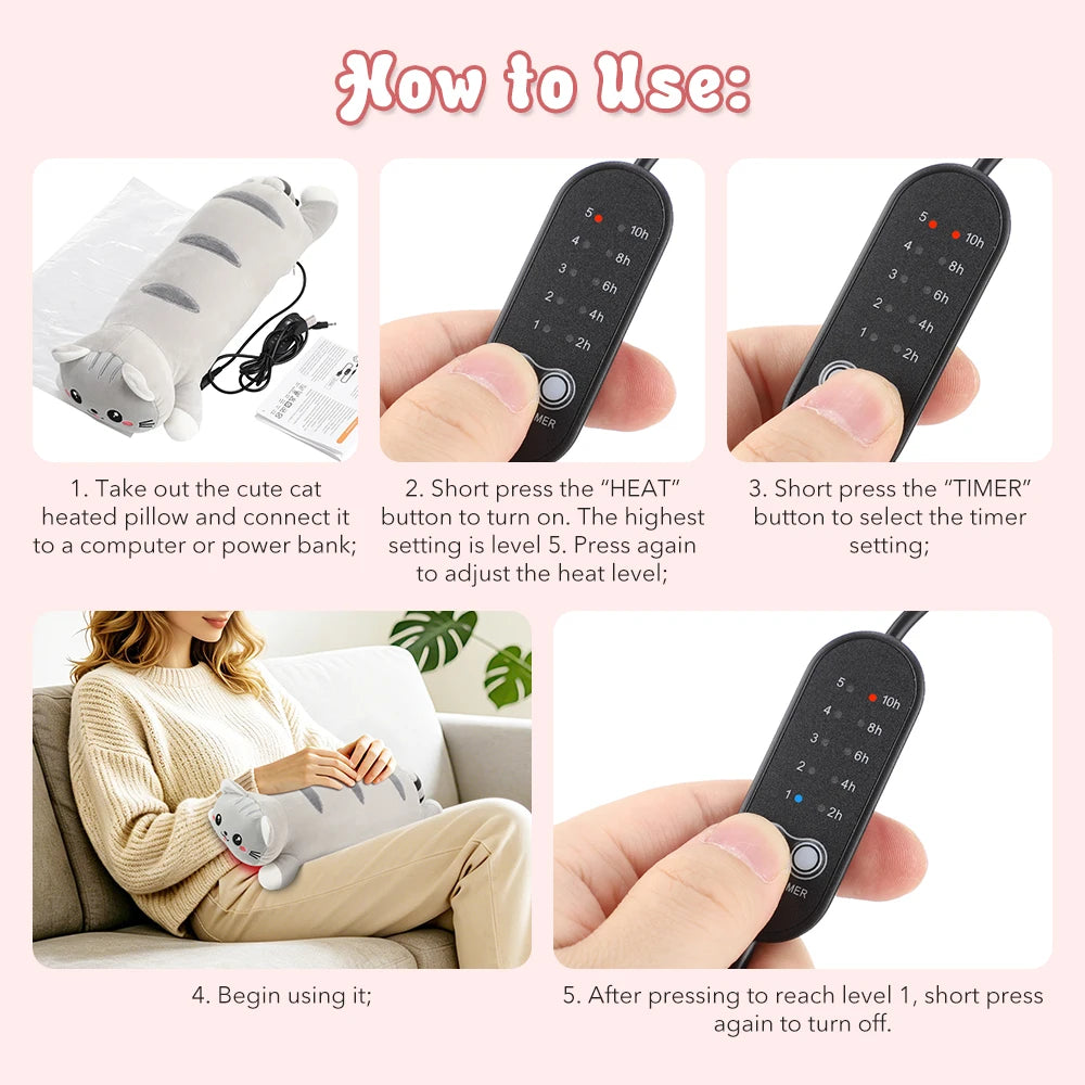 USB Heated Plush Cat Pillow for Cramp Relief - 26