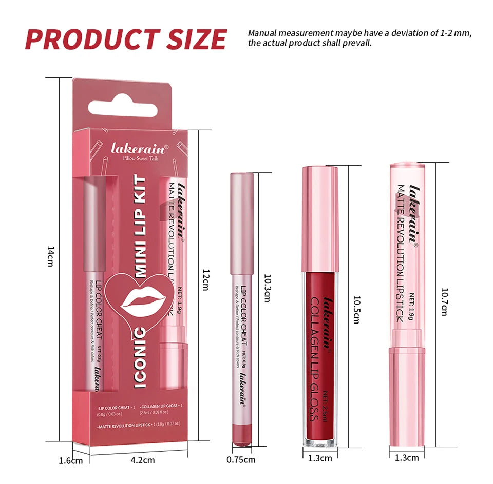 3-in-1 Waterproof Lip Liner, Lipstick & Gloss Travel Set - 15