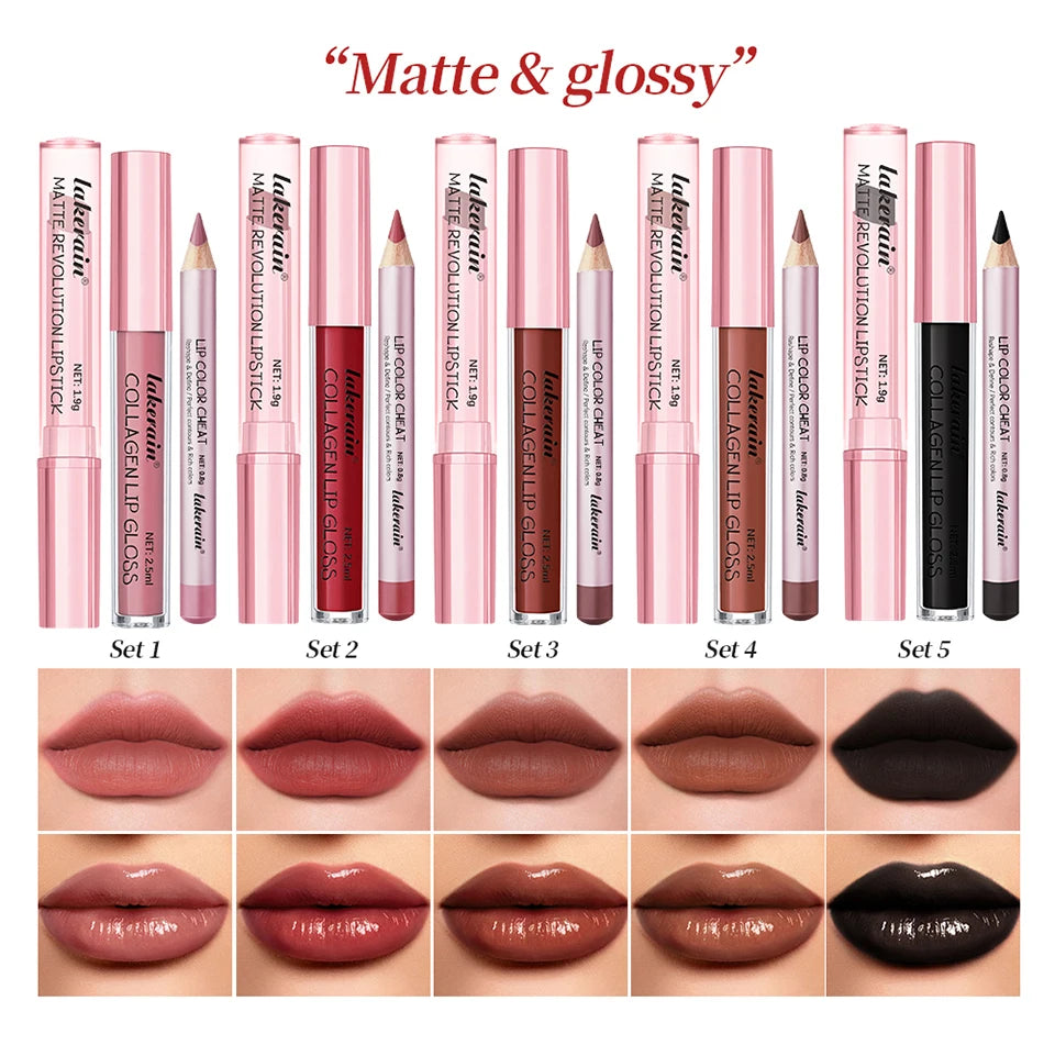 3-in-1 Waterproof Lip Liner, Lipstick & Gloss Travel Set - 8