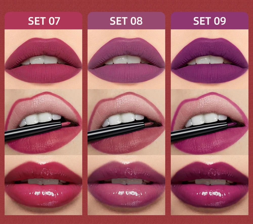 3-Piece Waterproof Matte Lipstick and Lip Liner Set - 17