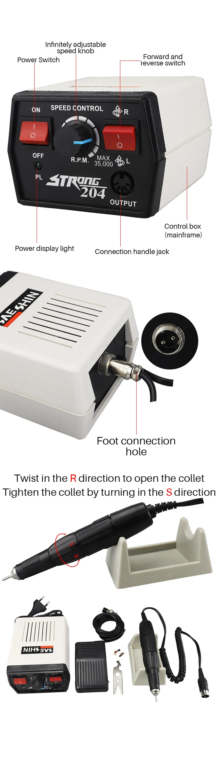 Professional 35,000 RPM Electric Micro Motor for Jewelry and Dental - 9