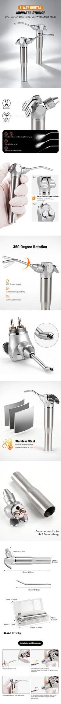 3-Way Dental Air Water Syringe Tool for Dental Chairs