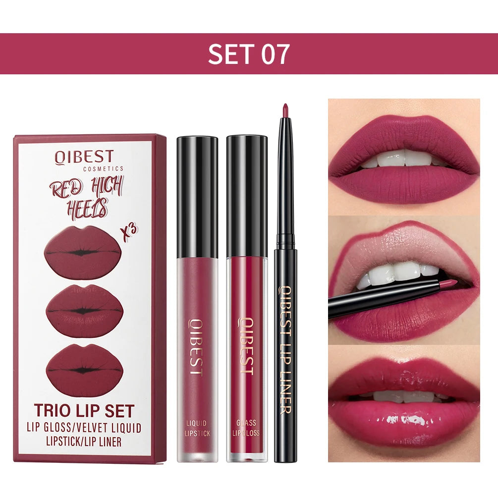 3-Piece Waterproof Matte Lipstick and Lip Liner Set - 27