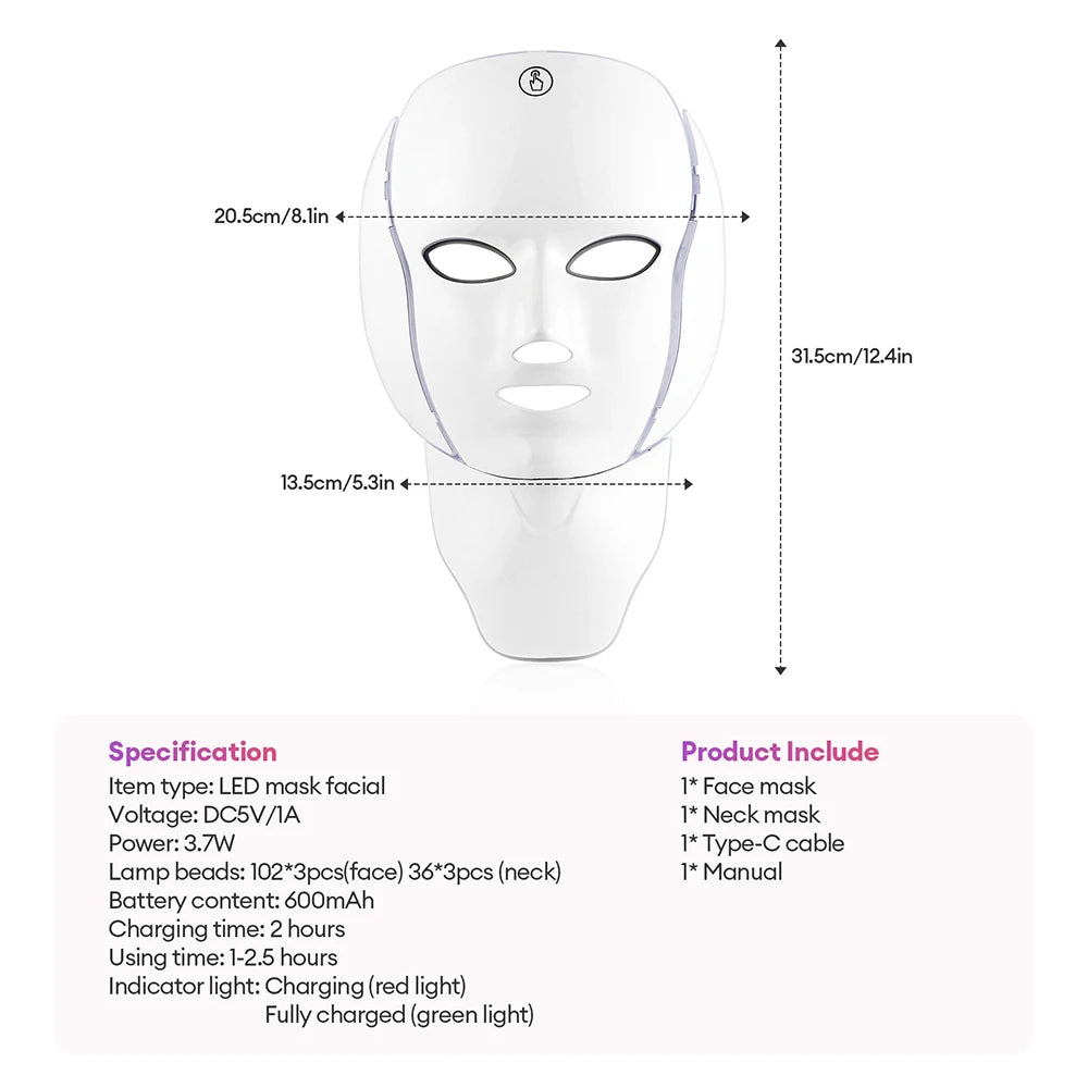 7-Color Wireless LED Photon Facial and Neck Mask - 20