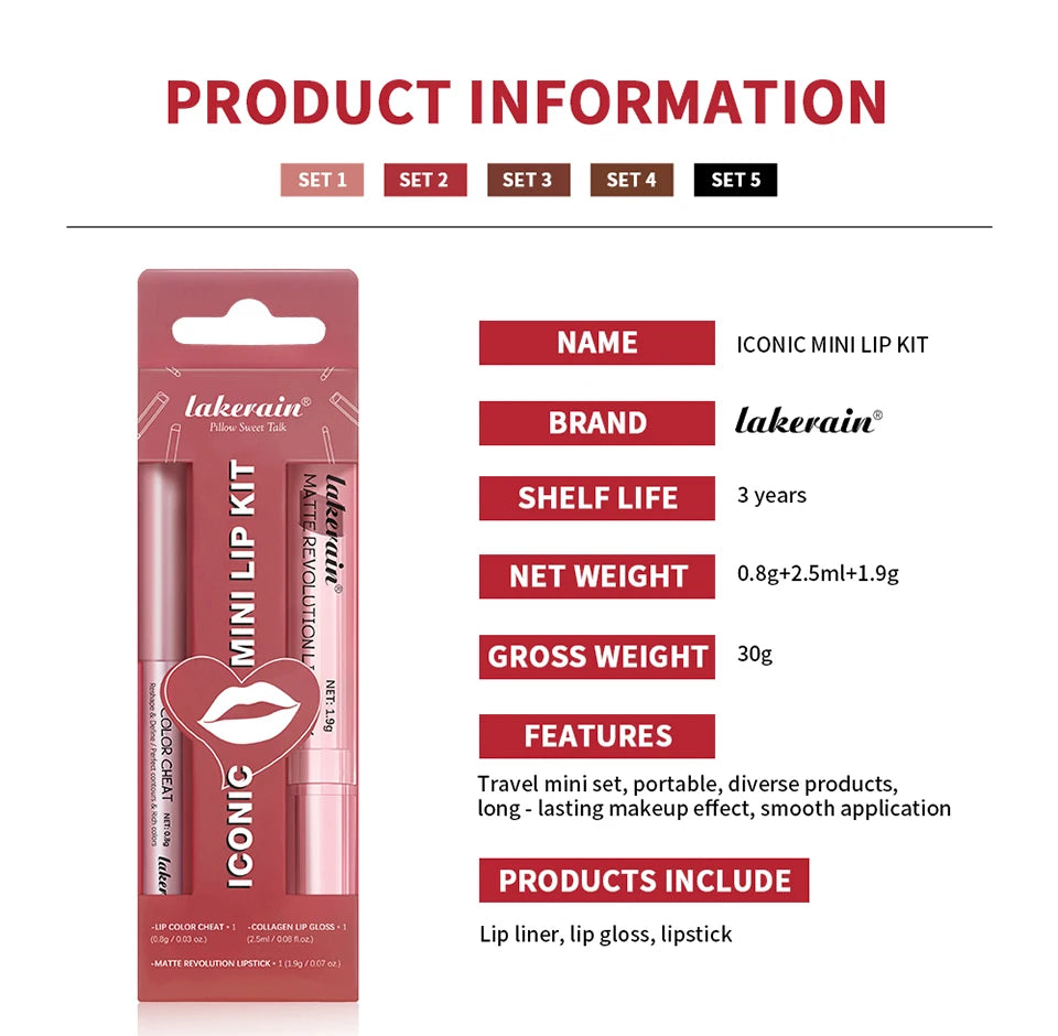 3-in-1 Waterproof Lip Liner, Lipstick & Gloss Travel Set - 16