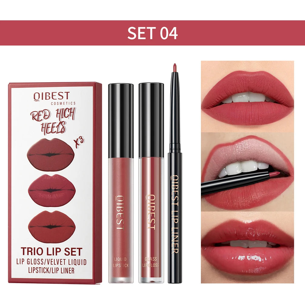 3-Piece Waterproof Matte Lipstick and Lip Liner Set - 33