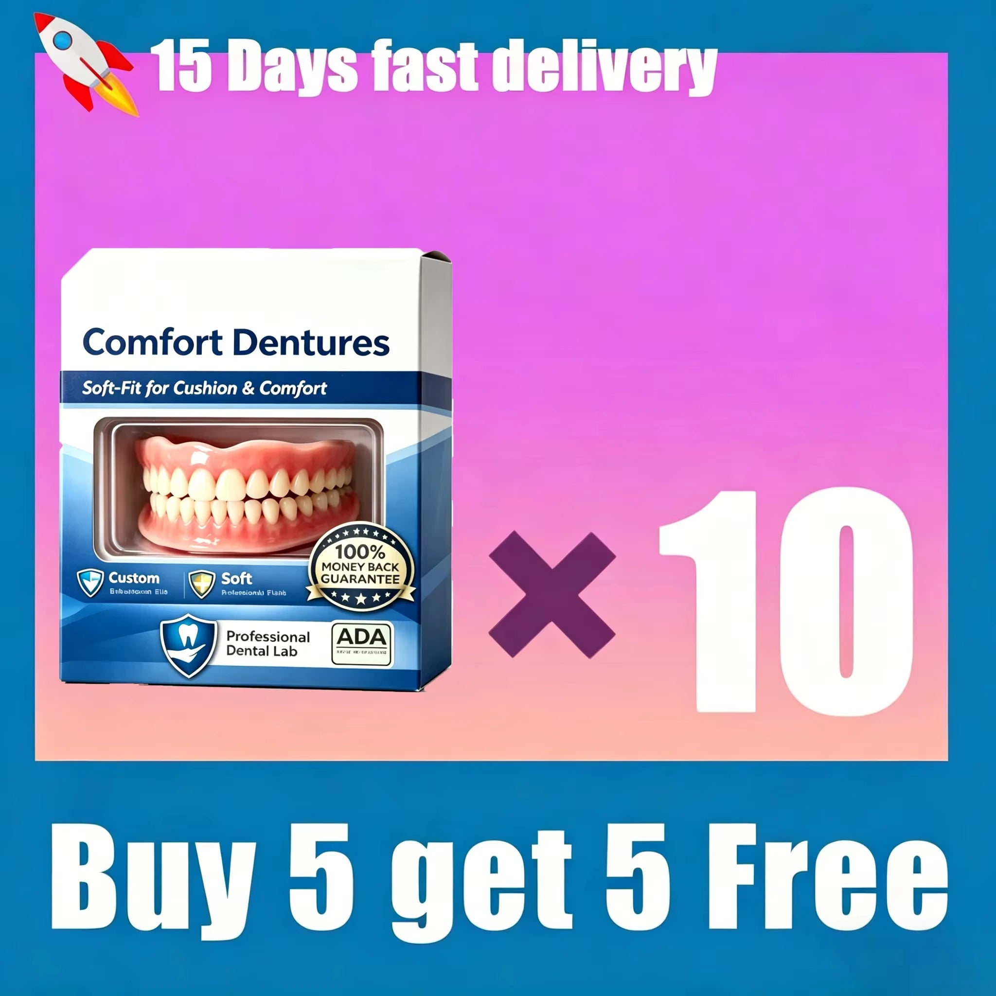 Comfort Fit Realistic Silicone Cosmetic Dentures - 10