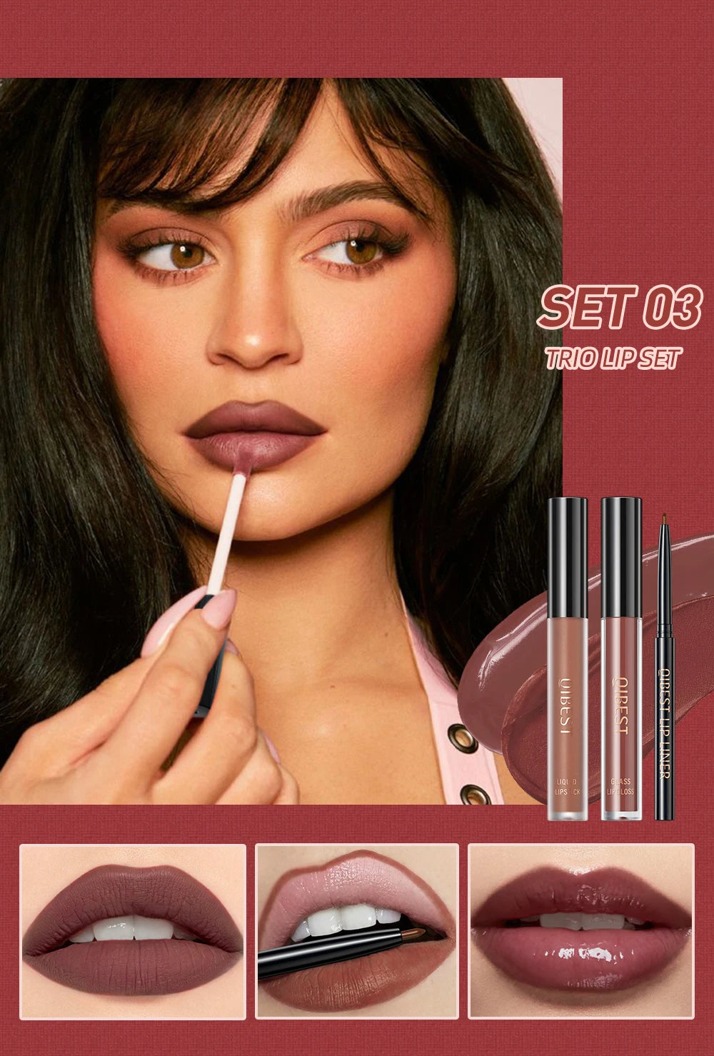 3-Piece Waterproof Matte Lipstick and Lip Liner Set - 13