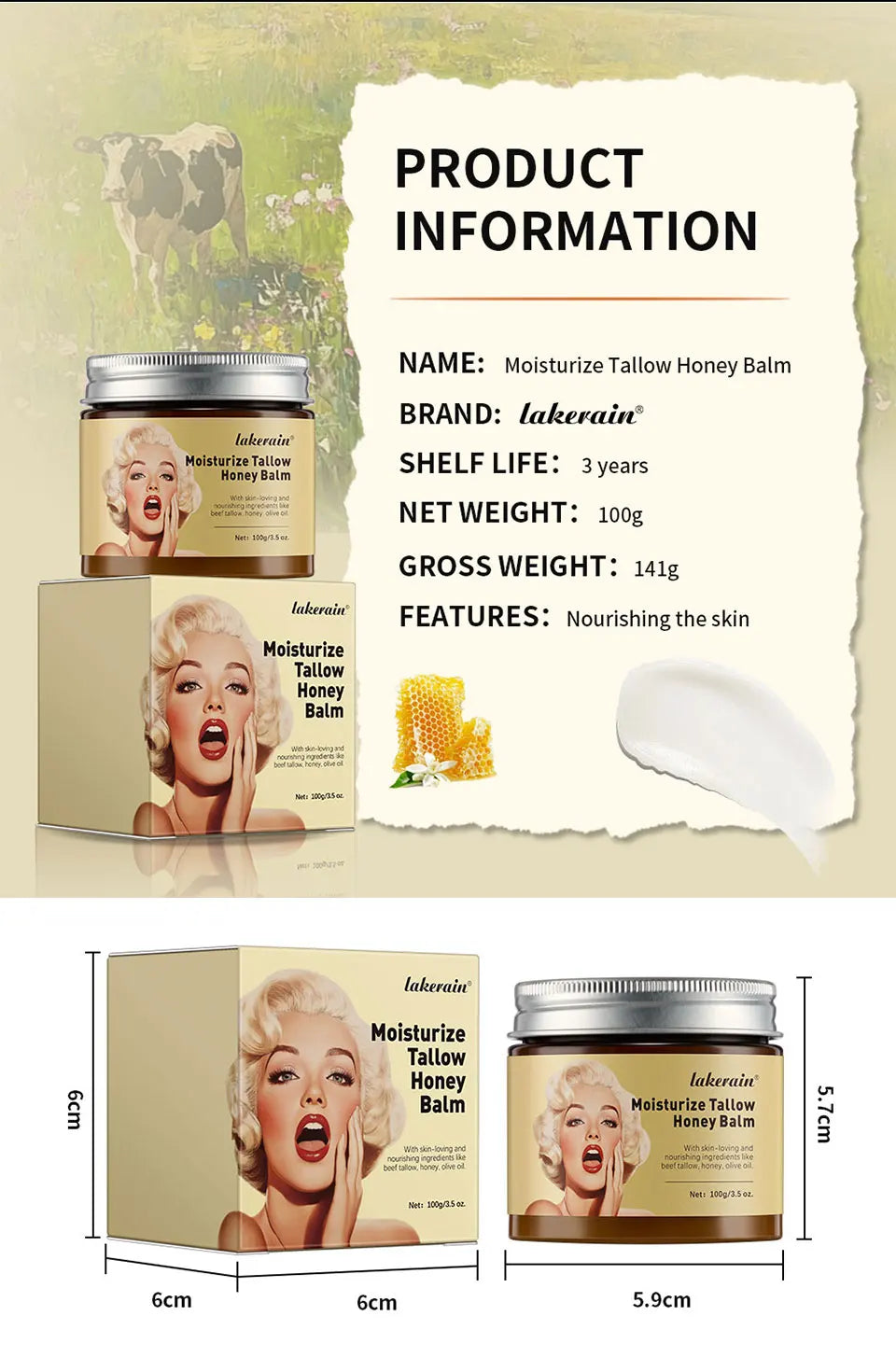 Moisturizing Beef Tallow Honey Balm for Dry Skin - 15