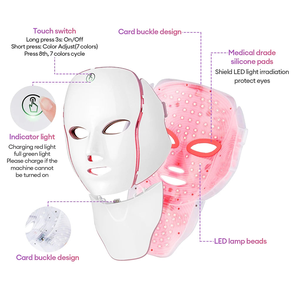 7-Color Wireless LED Photon Facial and Neck Mask - 12