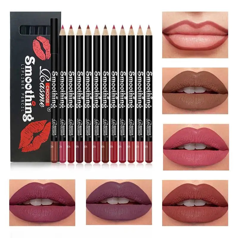 12-Color Waterproof Matte Lip Liner Pencil Set - 9