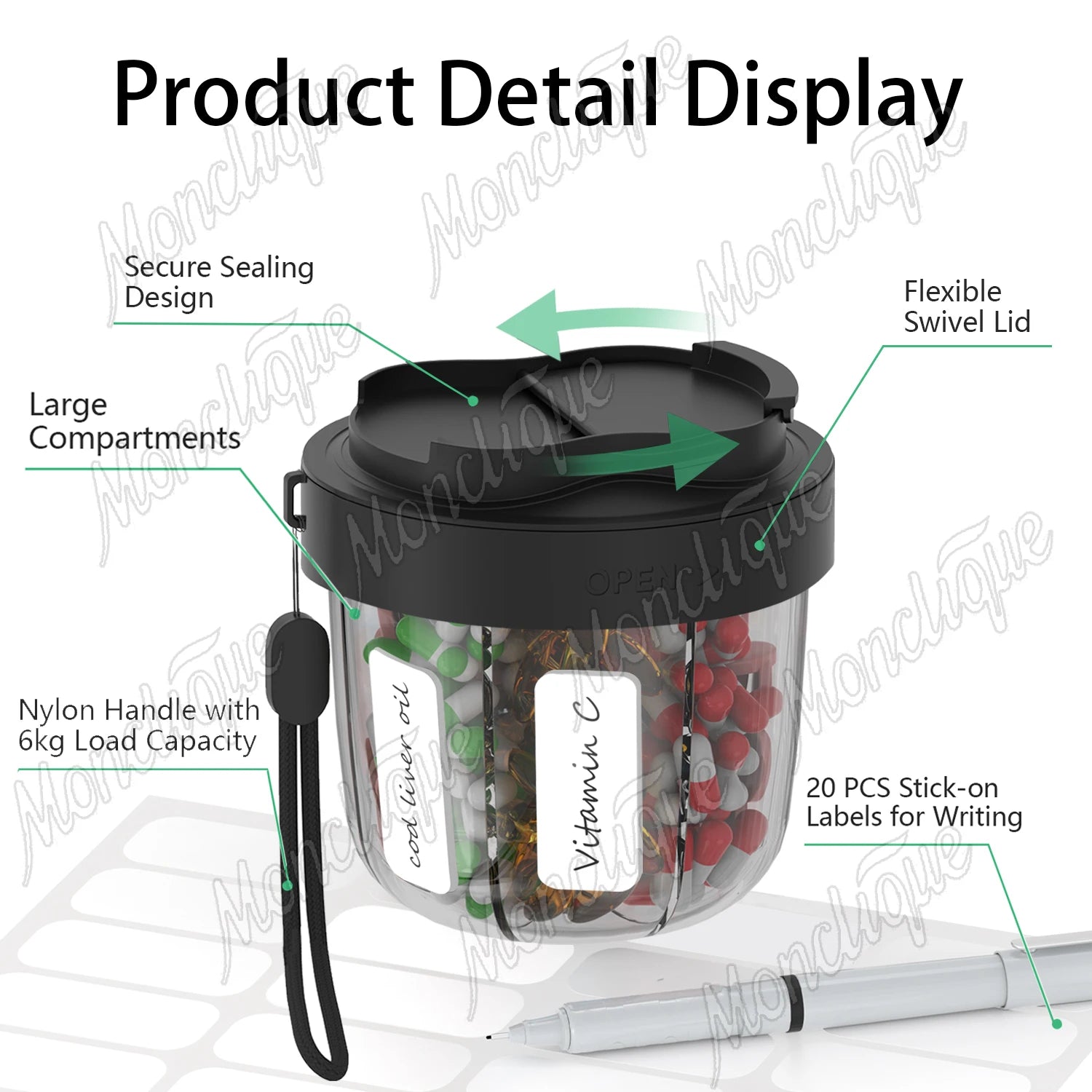 7-Day Portable Pill Organizer Cup for Vitamins and Supplements - 7