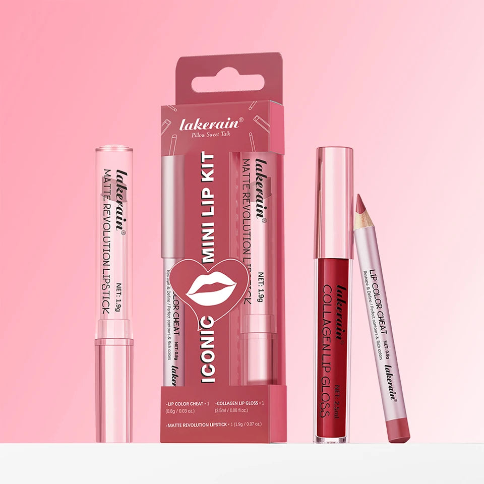 3-in-1 Waterproof Lip Liner, Lipstick & Gloss Travel Set - 19