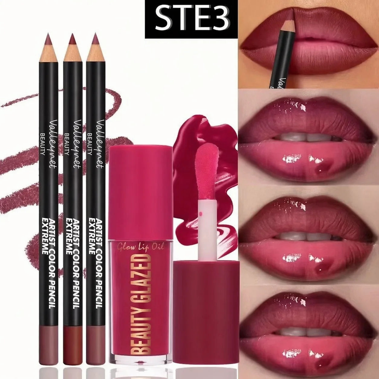 4-Piece Waterproof Matte Lip Liner and Gloss Set - 9