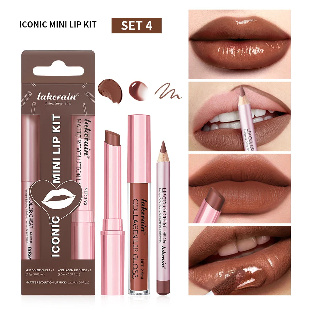 3-in-1 Waterproof Lip Liner, Lipstick & Gloss Travel Set - 20