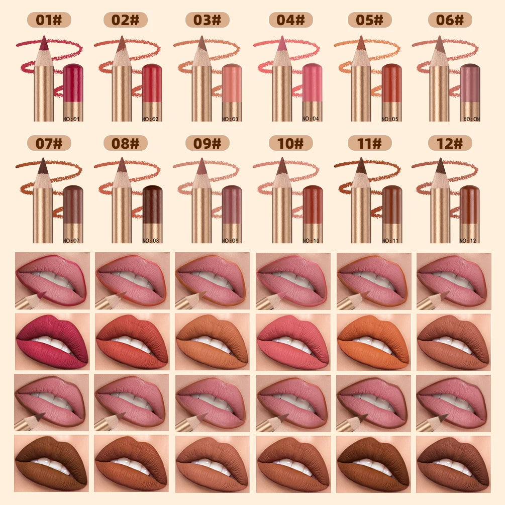 12-Color Waterproof Matte Lip Liner Pencil Set - 2