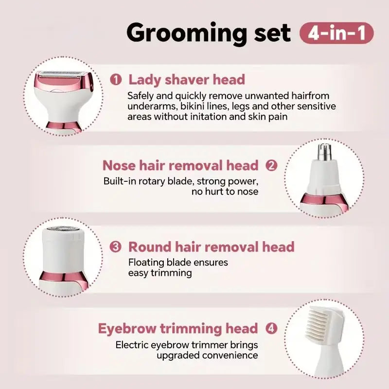 4-in-1 Rechargeable Electric Lady Shaver for Face and Body - 4