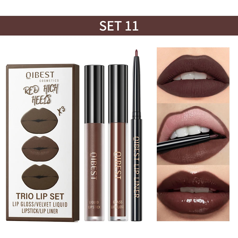 3-Piece Waterproof Matte Lipstick and Lip Liner Set - 31