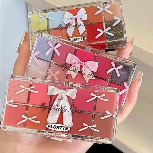 10-Color Jelly Lip Gloss Palette with Bow Design