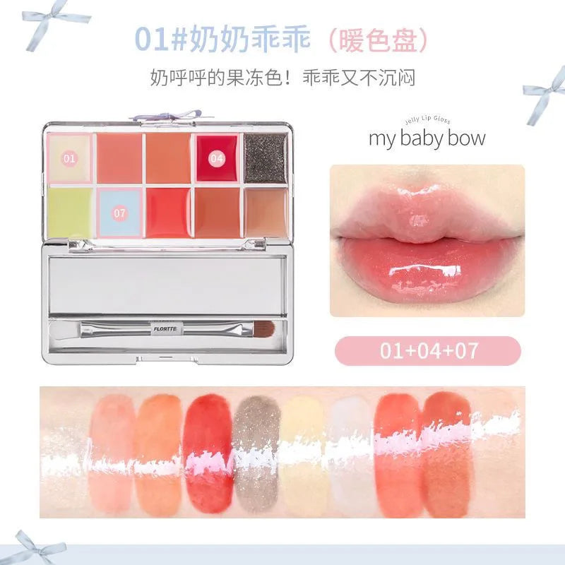 10-Color Jelly Lip Gloss Palette with Bow Design - 64