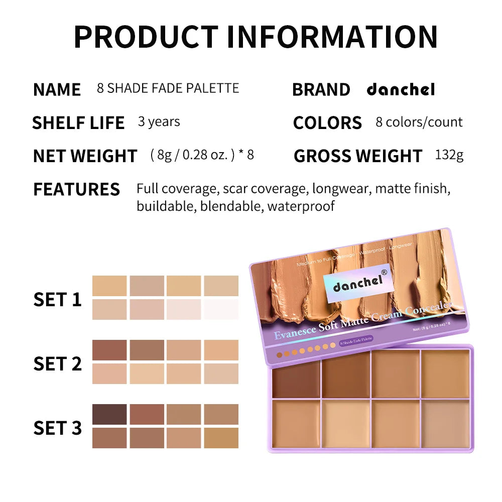 8-Shade Waterproof Full Coverage Cream Concealer Palette - 14