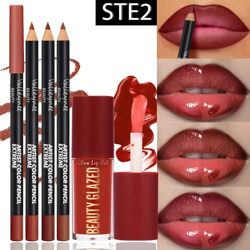 4-Piece Waterproof Matte Lip Liner and Gloss Set - 12