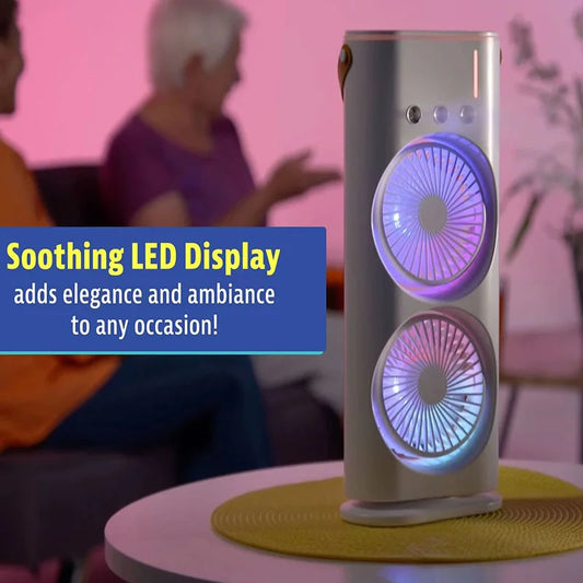 Portable Dual-Head Cooling Fan with LED Mist