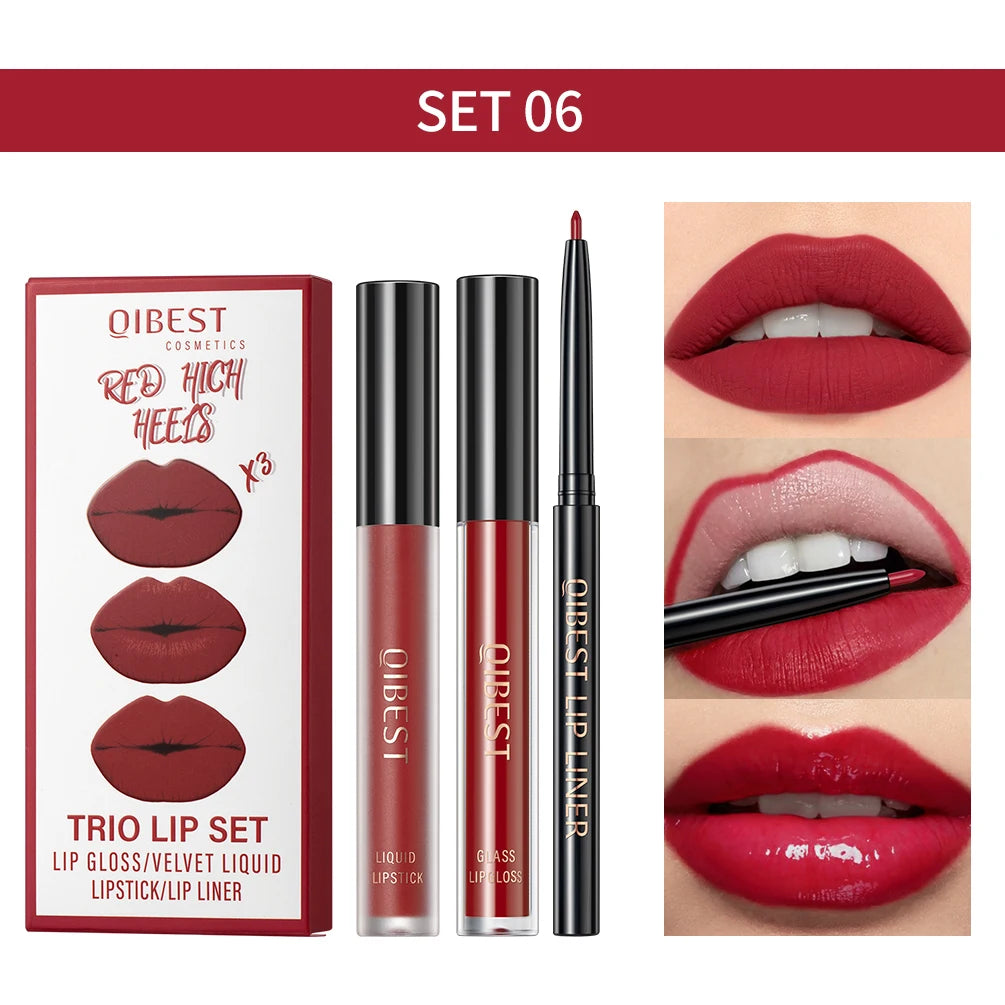 3-Piece Waterproof Matte Lipstick and Lip Liner Set - 32