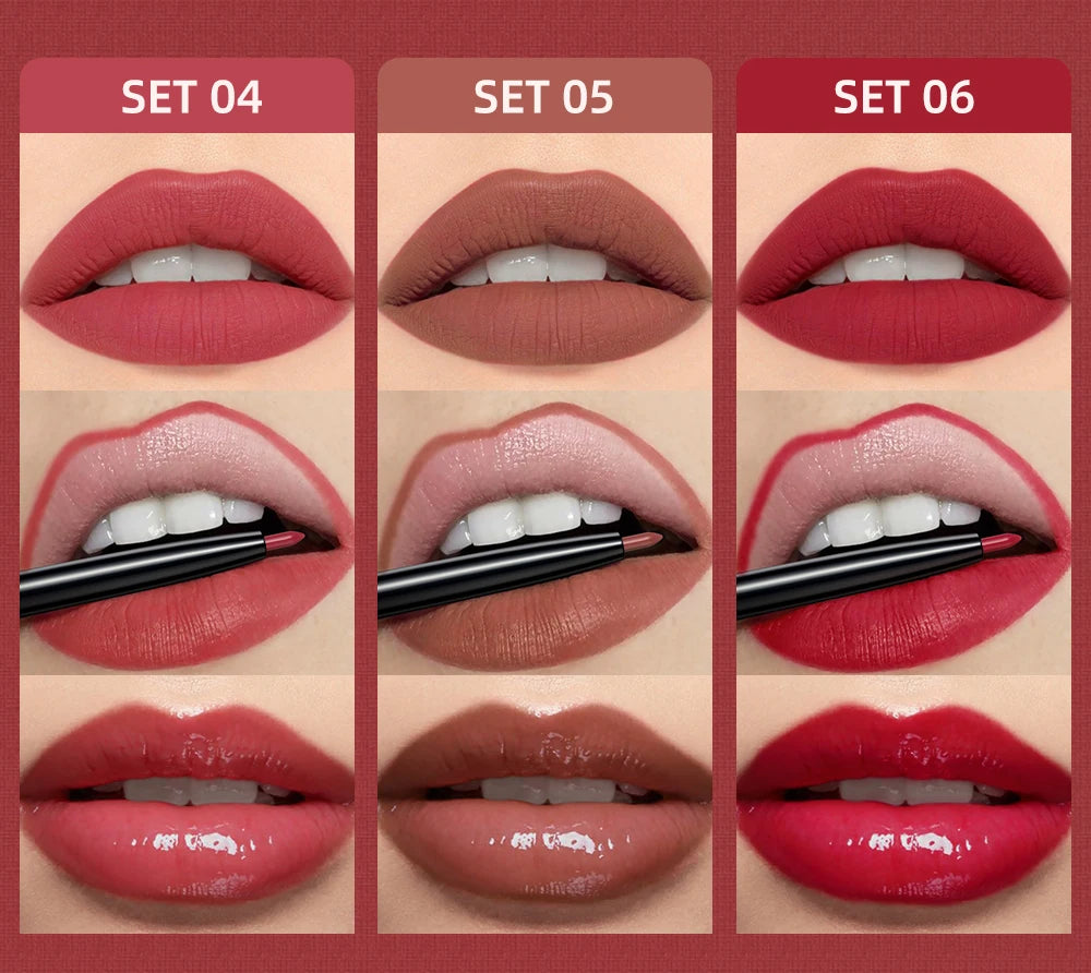 3-Piece Waterproof Matte Lipstick and Lip Liner Set - 16